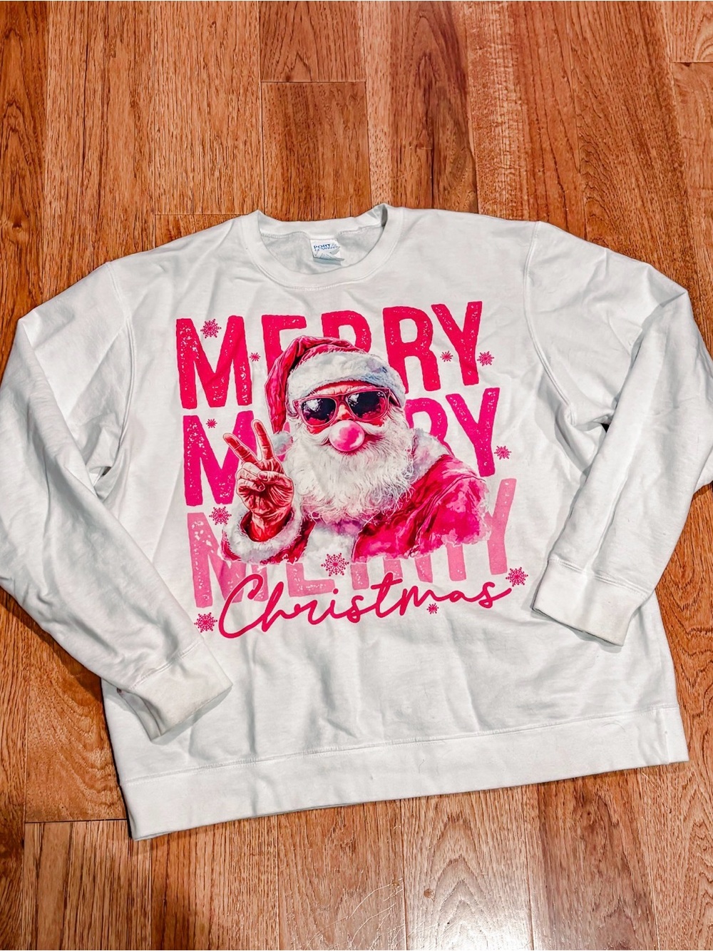 White Christmas Sweatshirt with Pink Santa Graphic